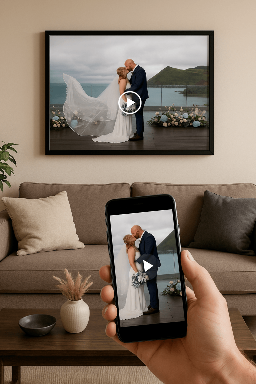 Illustrative mockup of a framed wedding photograph above a sofa, with its matching wedding video shown on a phone