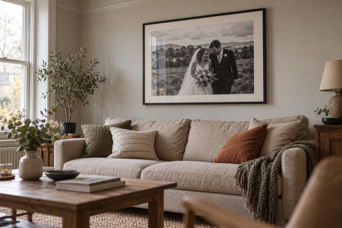 Illustration of a framed wedding photograph above a sofa in a neutral living room