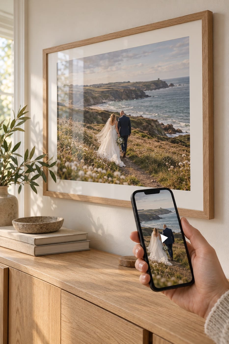 Illustration of a coastal wedding print and connected memories on a phone
