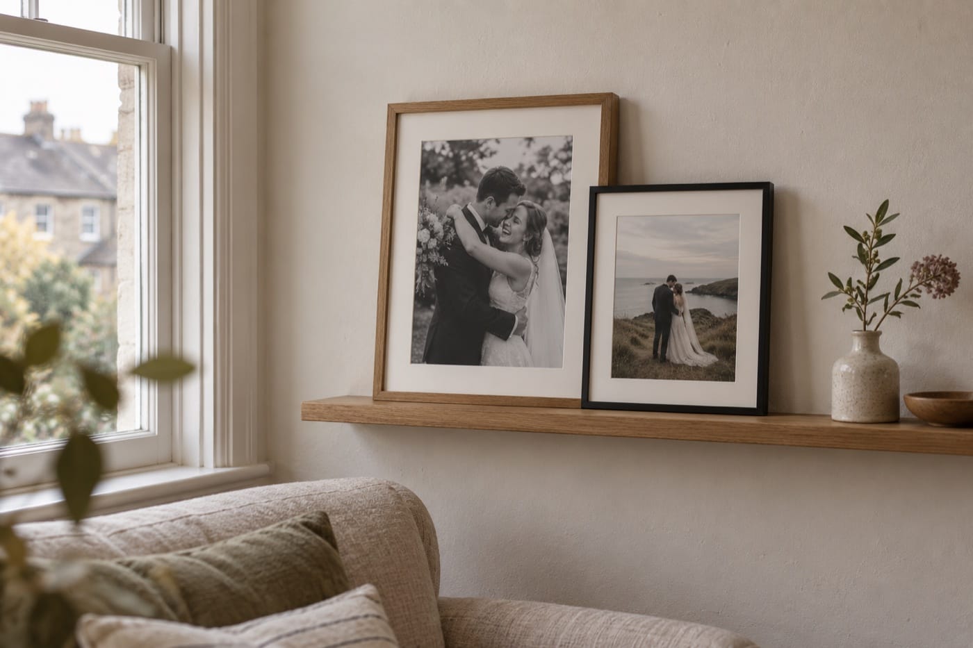 Illustration of smaller wedding frames displayed on an oak shelf