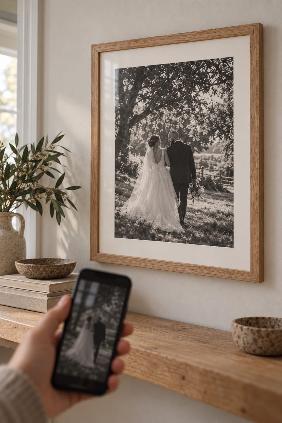 Illustration of a phone displaying wedding memories beside an oak framed wedding print